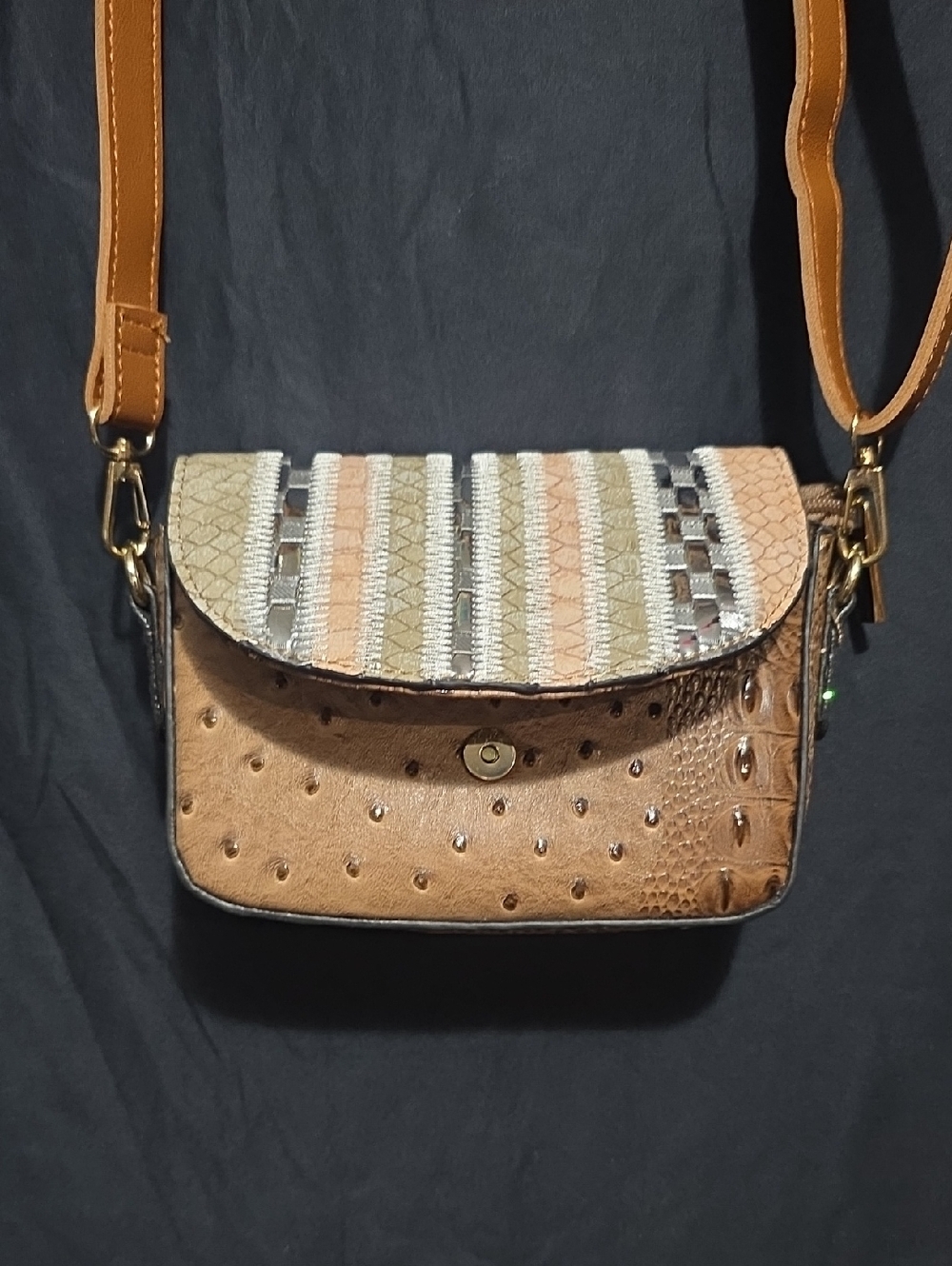 Brown Textured Crossbody Bag with Multicolor Woven Flap